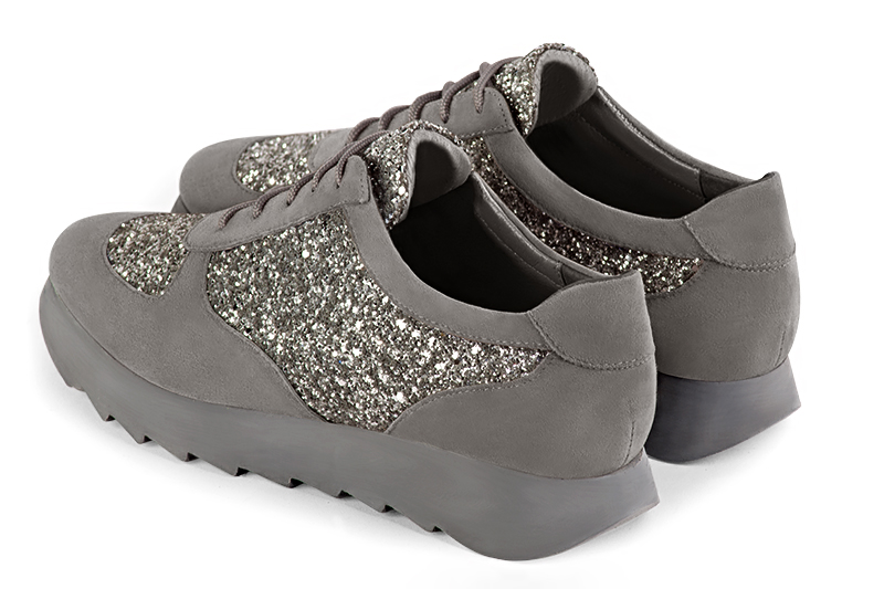 Dove grey and dark silver women's one-tone elegant sneakers. Round toe. Low rubber soles. Rear view - Florence KOOIJMAN
